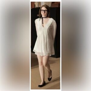 Zara Medium Sheer White Swiss Dot Mini Dress V-neck Inventing Anna Court Dress